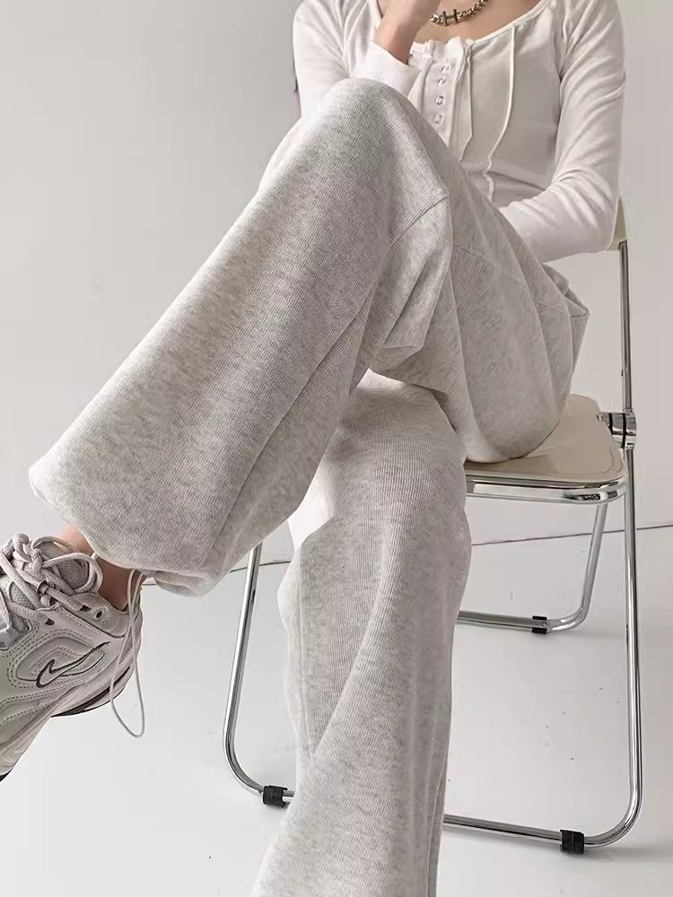Sports Pants Woman Spring Autumn 2023 New American Buns Foot Pumping Rope Loose Winter Plus Suede Casual White Grey Sweatpants-Taobao