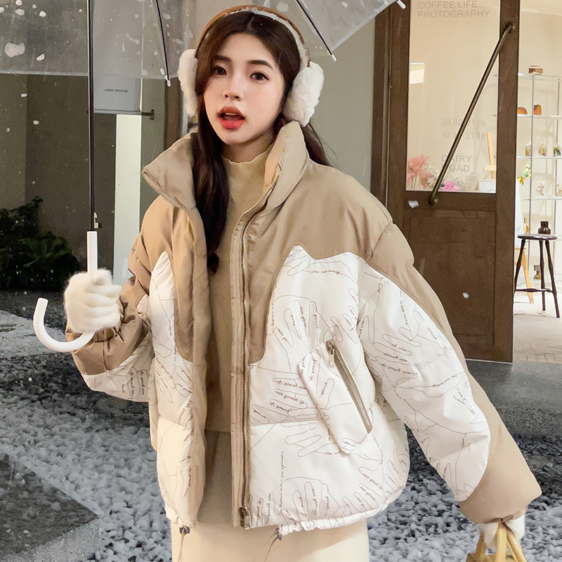 Duck Ducks with the same paragraph 2023 New down cotton clothing Female short style Fashion design Feel Printed Splicing Easy collar bakery-Taobao