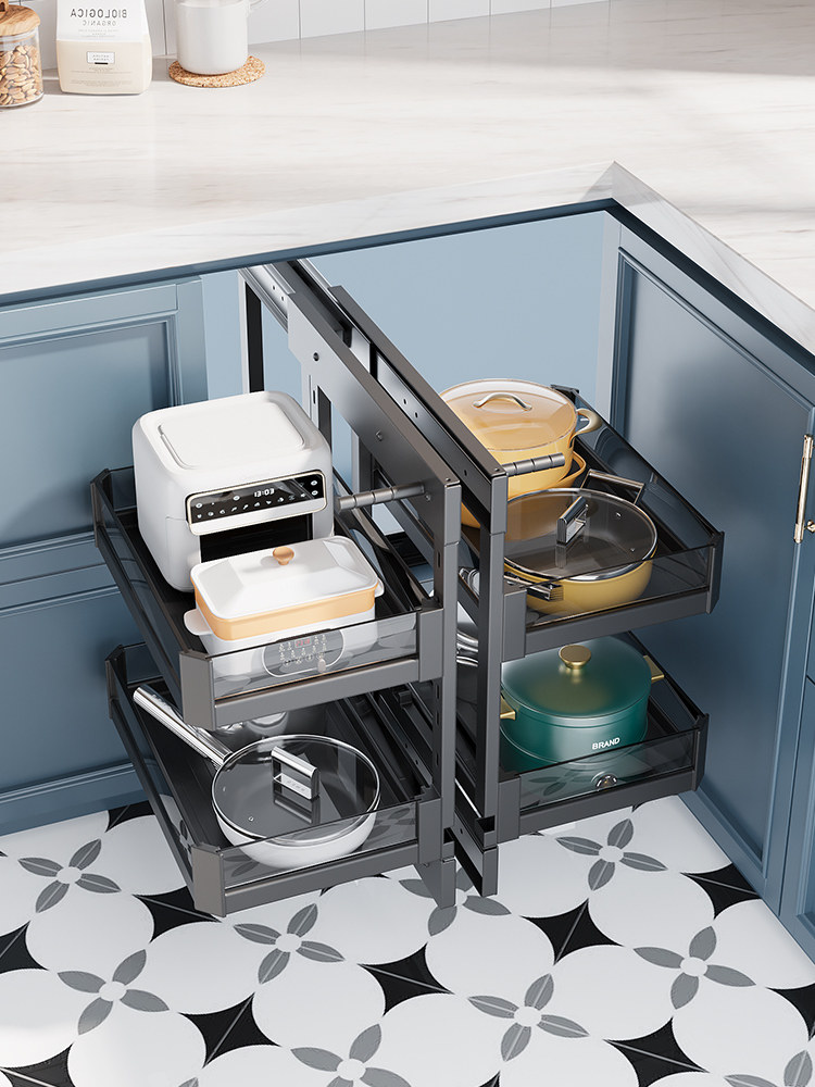 Compact Kitchen Cabinet Corner Pull-Out Basket, Fully Extendable, Small Monster Kitchen Built-In Bowl Basket, Bowl Rack, Rotating Spice Basket