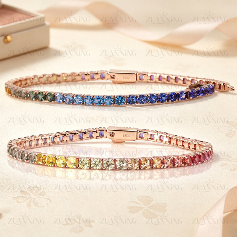 Cultivated Sapphire Bracelet, Round Rainbow Gradient Color, Sapphire 925 Silver Gold-Plated Inlaid Tennis Chain DIY
