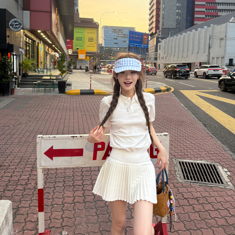 White Casual Tennis Sports Suit Skirt, Summer High-End Slimming and Age-Reducing Polo Short-Sleeved Pleated Skirt Two-Piece Set