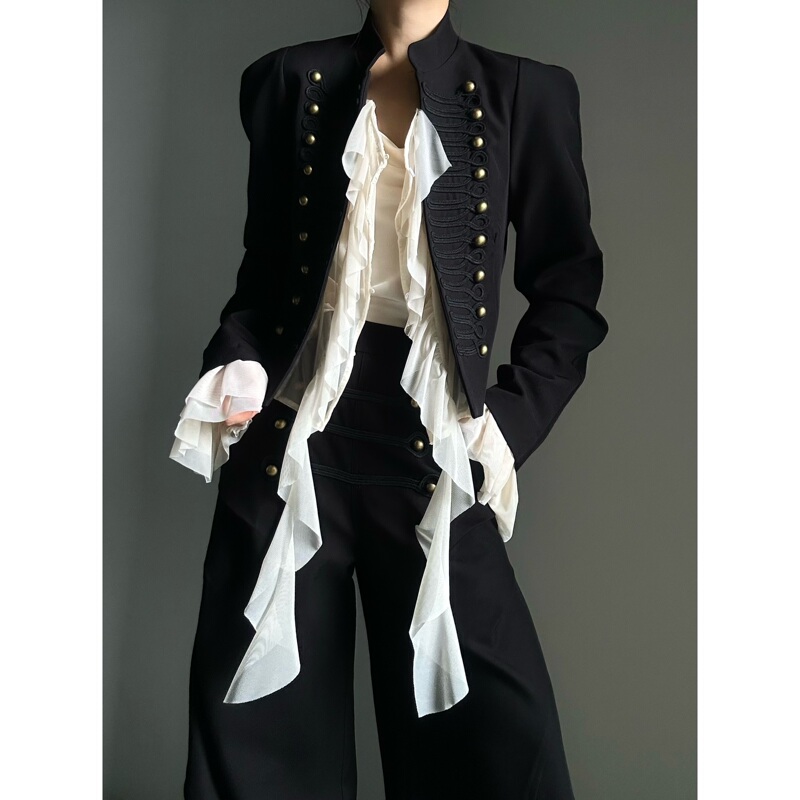 Asae Original Palace-Style Napoleon Jacket with Detachable Lace, Unisex Dark Design Short Jacket