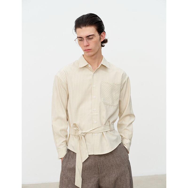 Sukchor 「Original Authentic」Highly Versatile, Multi-Style, Drapey, Wrinkle-Resistant, Versatile Striped Tie-Up Long-Sleeve Shirt
