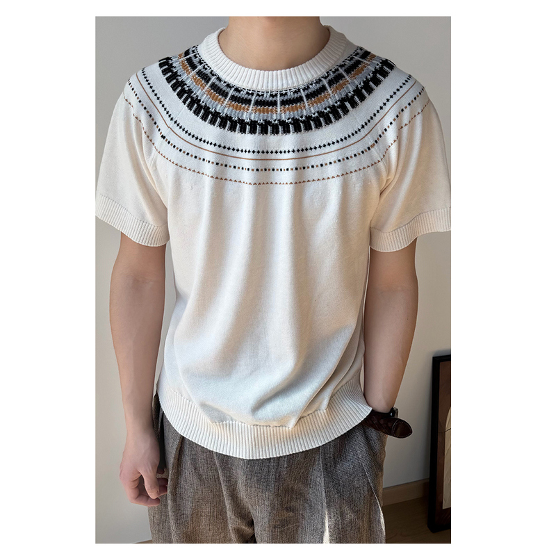 Sukchor Fair Isle Knit Wool Blend Relaxed Old Money Style Crew Neck Raglan Short Sleeves