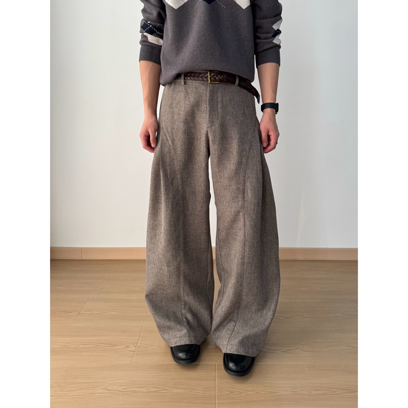 Sukchor Retro Gray Coffee Floral Yarn Texture Loose-Fitting Double-Pleated A-Line Wide-Leg Casual Trousers