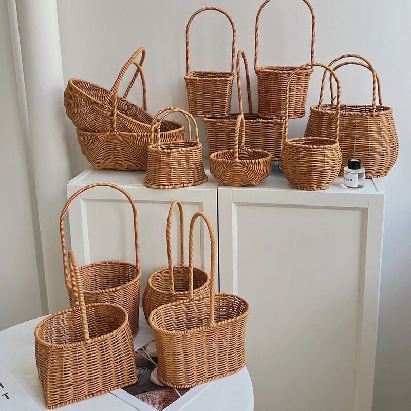 Hand-Woven Flower Basket, Flower Arrangement, Floral Art, Fresh Flowers, Pastoral Style, Imitation Rattan and Bamboo Weaving, Wedding Photography Props, Rattan Basket