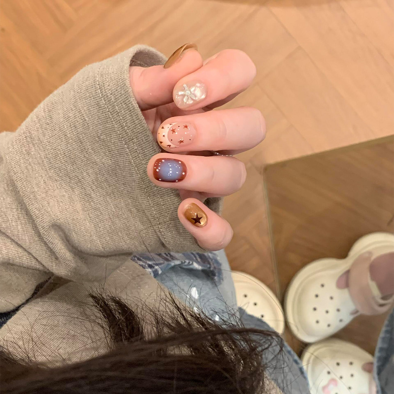 【Roaming Stars】Handmade Nail Art Dopamine Glass Beads Cat Eye Star Color-Block Sparkling Glitter Wearable Nails