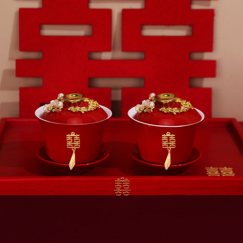 Best-selling tea cup set, wedding supplies, wedding modified tea set, red bowls and chopsticks, bride's Y dowry wedding bowl pair