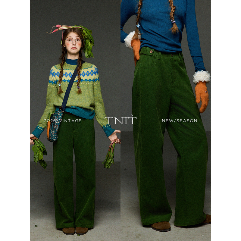 Tnit Retro Green Corduroy High-Waisted Slimming Straight Casual Pants for Women, Winter Lazy Loose Versatile Wide-Leg Pants