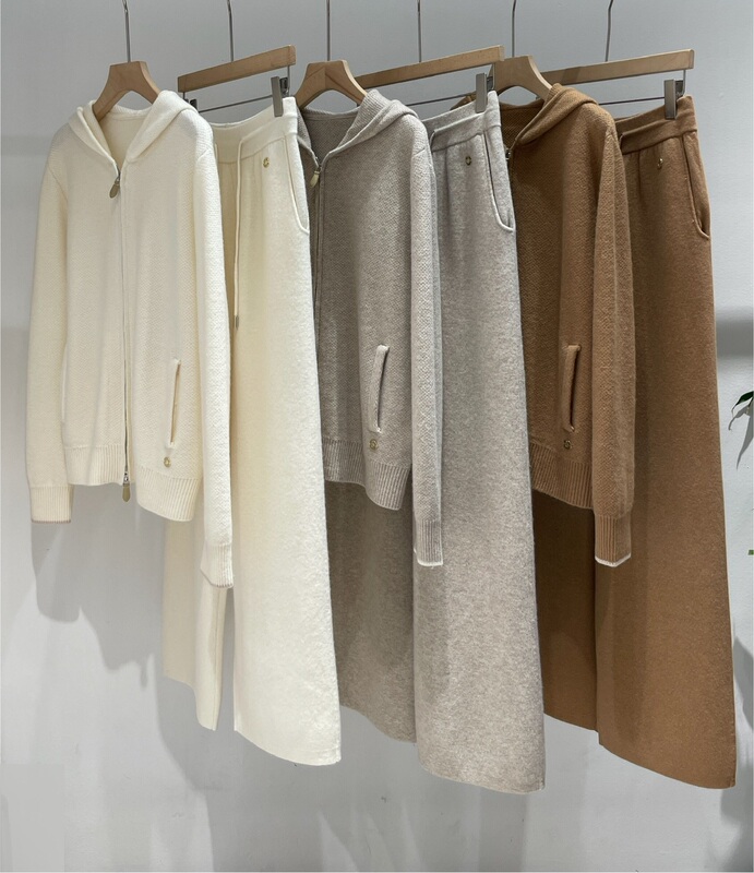 Lp2025 Autumn and Winter New Hooded Zipper Knitwear High-Waisted Loose Wide-Leg Pants Pure Cashmere Suit Two-Piece Set for Women