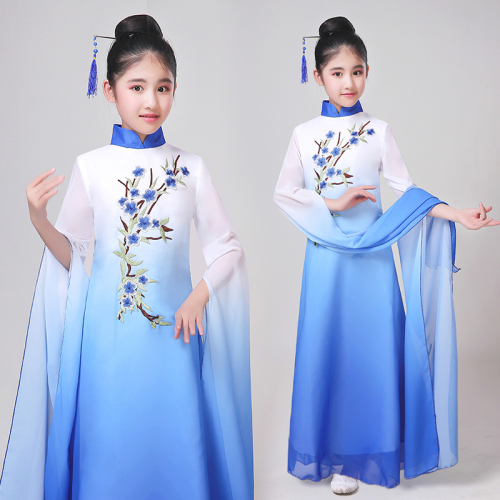 Children chinese folk dance ancient water sleeves fairy princess dresses for girl children piano and guzheng dance performance costumes for kids