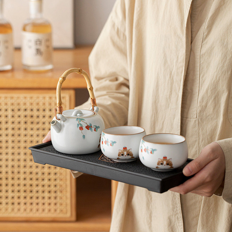 Cat Litter Ru Kiln open sheet Tibeam pot home Ceramic Tomatoes Ruyi Tea Pot Cute Lady Kongfu Tea Suit-Taobao