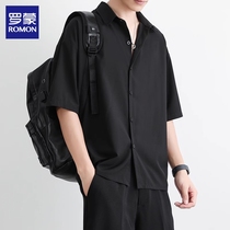 Luo Meng black shirt mens summer loose high-end drape handsome casual ice silk short-sleeved shirt jacket mens clothing
