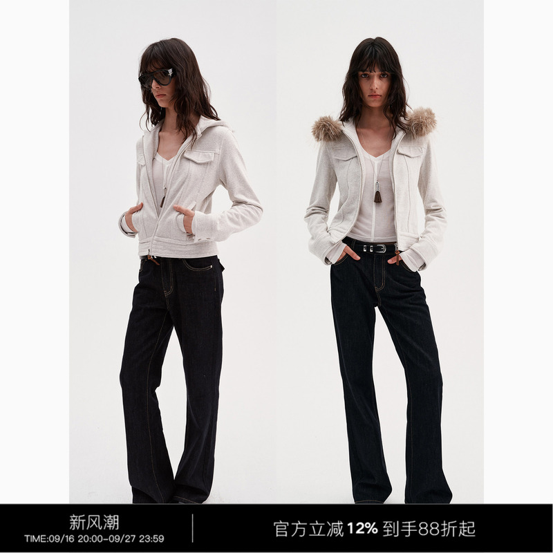 3Rd Textured Sweatshirt Jacket with Zipper and Detachable Fur Collar
