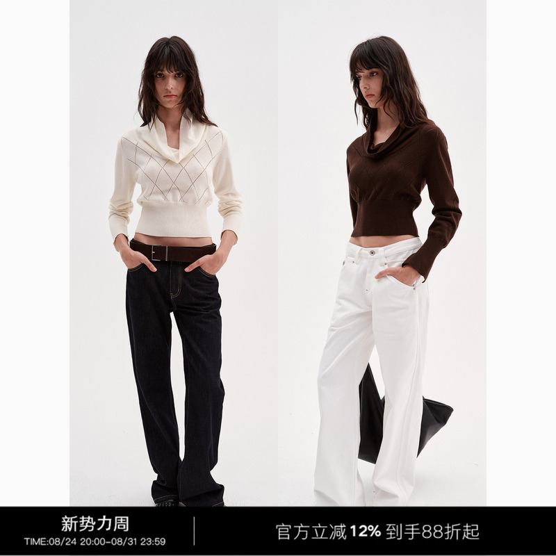 3Rd Retro Layered Collar Hollow Diamond Pattern Long-Sleeved Short Knitted Top