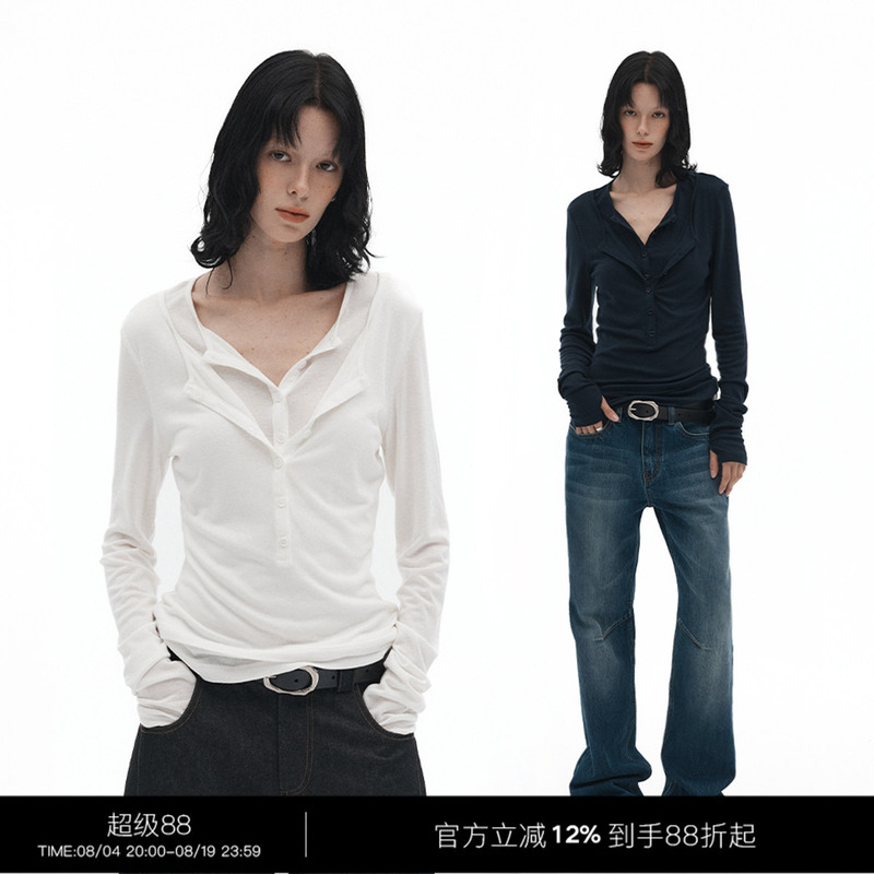3Rd Henry Collar Fake Two-Piece Tencel Wool Base Layer Slim-Fit Long-Sleeve T-Shirt