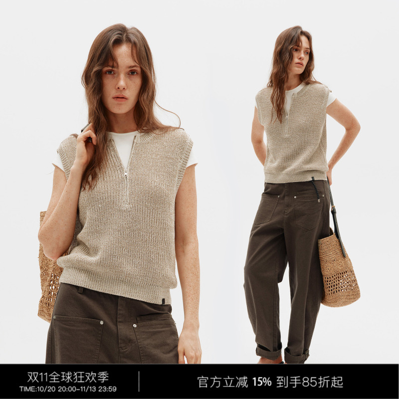 3Rd Custom-Dyed Floral Yarn Old Money Style Knit Vest Half-Zip Knit Top
