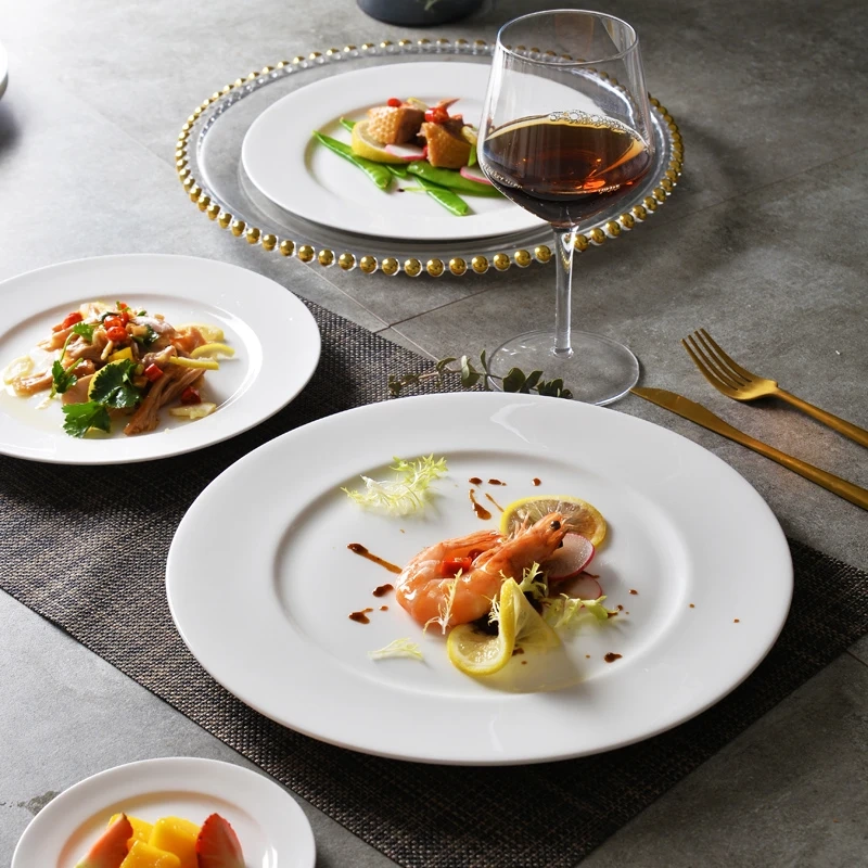 Pure White Large Western-Style Plate, Round Flat Bone China, Household Trendy Western-Style Dinner Plate, Flat Plate, Steak Plate, High-End Luxury Feel