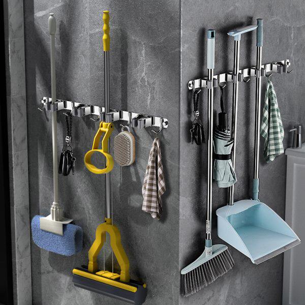 Rack without punching wall-mounted mop hook bathroom clip strong viscose broom stainless steel mop storage tool