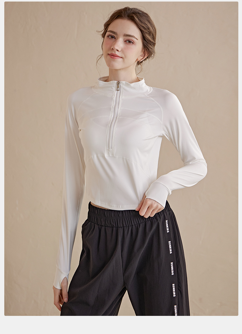 Koszulka do jogi z zamkiem błyskawicznym dla kobiet, długi rękaw, nowy styl na rok 2024, dopasowany krój, jesienno-zimowa koszulka fitness do biegania_voghion.com