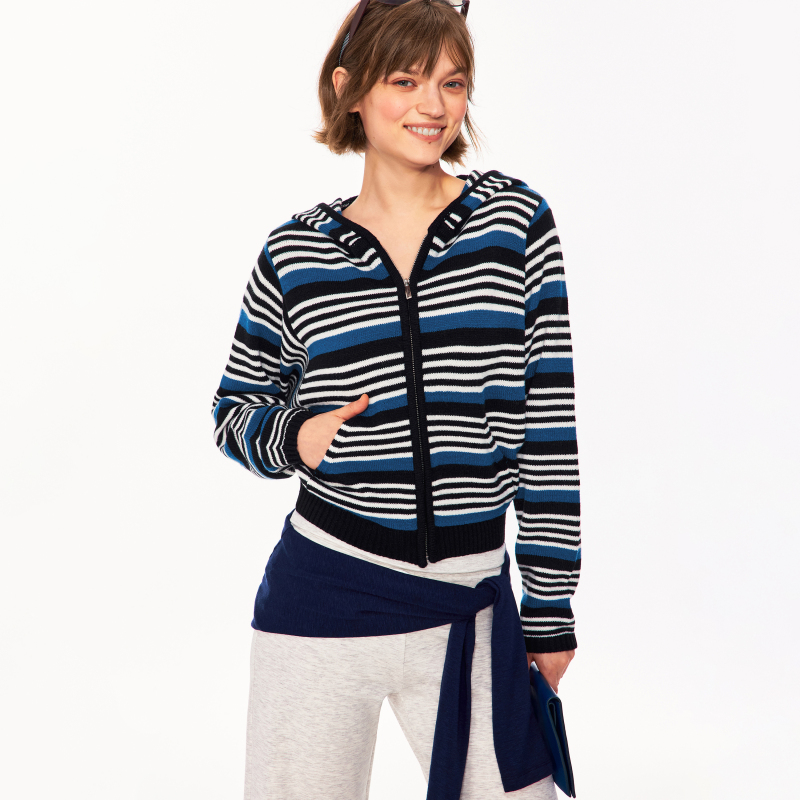 Redolence Wool Striped Hooded Knit Jacket for Women, Autumn Color-Blocking Retro Casual Zip-Up Short Top Redolence Wool Striped Hooded Knit Jacket for Women, Autumn Color-Blocking Retro Casual Zip-Up Short Top
