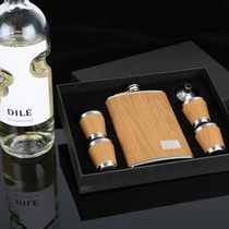 Wood grain leather lower right corner hollow 9oz manufacturer stainless steel wine bottle set outdoor portable can be customized