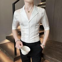 High-end ice silk Cuban collar short-sleeved shirt mens summer new trendy brand handsome pattern three-quarter sleeve shirt