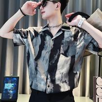 Striped ice silk floral shirt short-sleeved mens high-end handsome half-sleeved mens summer thin quarter-sleeved shirt jacket