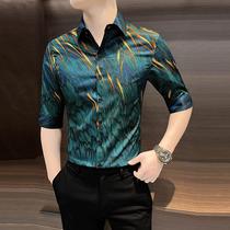 Printed short-sleeved shirt summer mens handsome high-end 2024 new mens ice silk three-quarter sleeve floral shirt