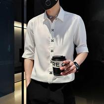 Mens short-sleeved shirt summer 2024 new slim fit handsome trendy brand high-end three-point mid-sleeve shirt
