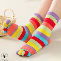 VALVOELITE mid-calf rainbow-colored striped sports socks womens split-toe breathable tennis socks sweat-absorbent five-finger socks