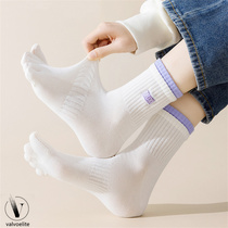 VALVOELITE pure cotton embroidered double-layer sports socks womens split-toe thin mid-calf socks sweat-absorbent and antibacterial five-finger socks