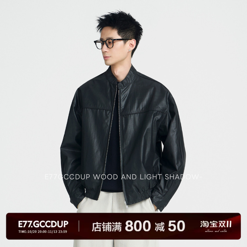 E77 `Rutherg` 100% Cotton Navy Blue Waxed Double-Sided Wear Stand-Up Collar Casual Jacket