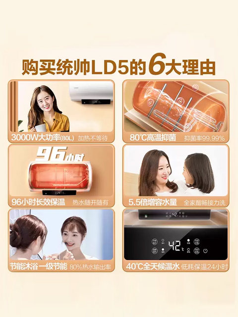 Haier Leader Household Electric Water Heater Energy-Saving for Bathing 60L First-Class Energy Efficiency Magnesium Rod No Need to Replace Official New Model Ld5