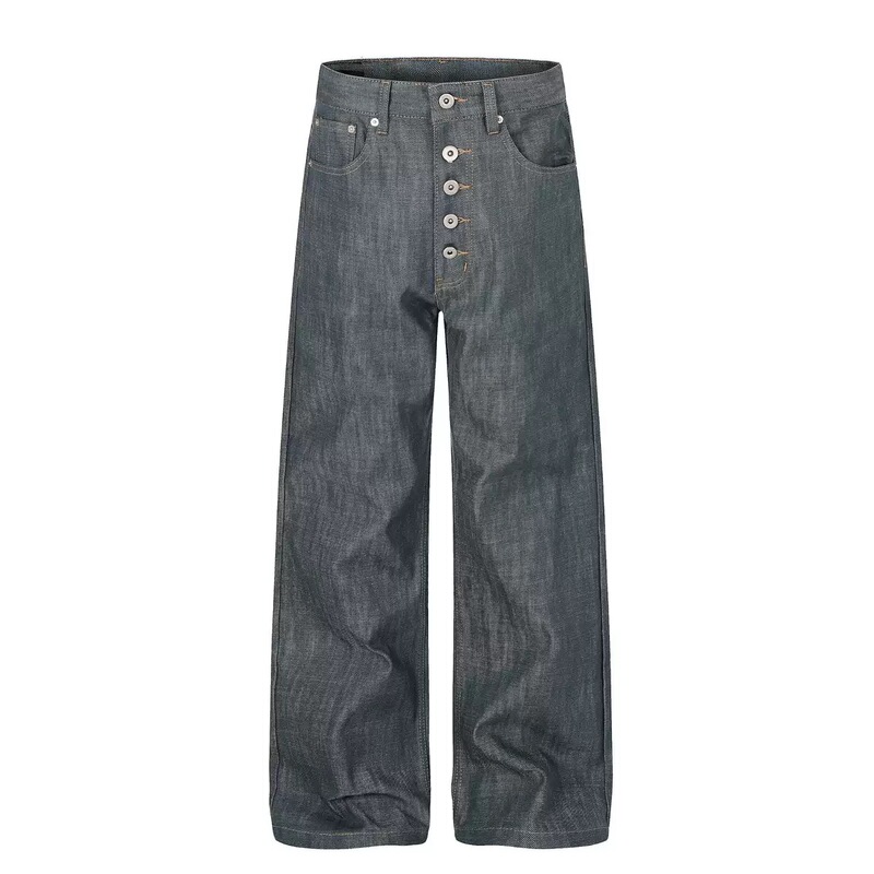 Evekat Lake Green Five-Button Raw Denim 13.5oz Vintage Street Style Loose Casual A-Line Raw Denim Jeans Evekat Lake Green Five-Button Raw Denim 13.5oz Vintage Street Style Loose Casual A-Line Raw Denim Jeans