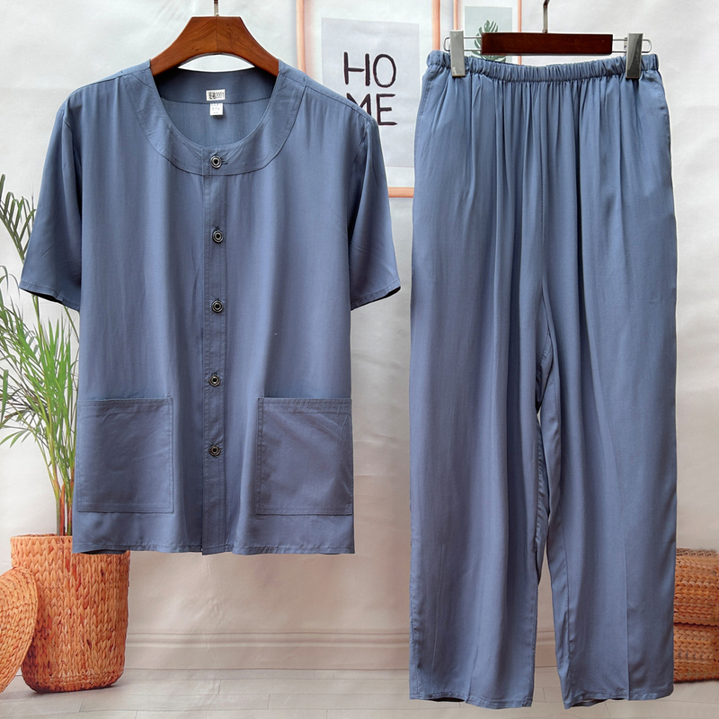 Men's Loose Cotton Short-Sleeved Nine-Quarter Pants Spring and Summer Pajamas Set for the Elderly Cardigan Solid Color Home Wear Two-Piece Set