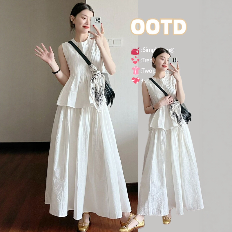 Uk Dgkp2026 Summer Stylish White Sleeveless Outfit, a Complete Two-Piece Dress Set for Women