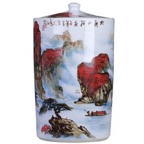 Thick ancient and thin modern landscape retro Puer storage tea jar large capacity tea jar ceramic large raw Puer tea cake jar storage