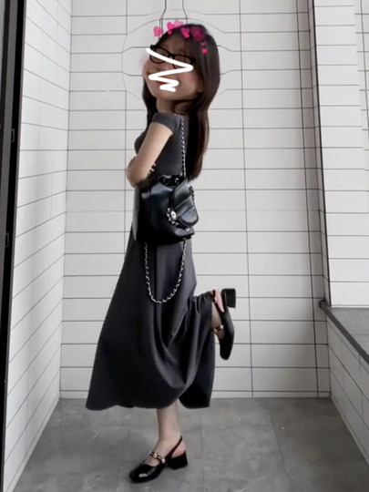 2025 New Solid Color Short-Sleeved Square-Neck Dress for Women, Autumn Korean Style Simple Casual Waist-Cinching A-Line Long Dress