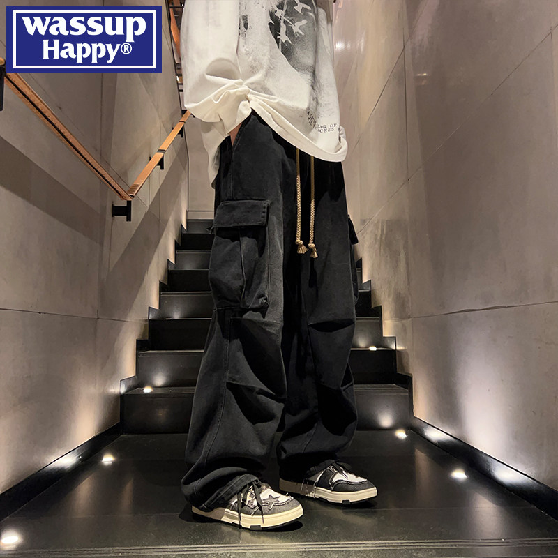 WASSUP HAPPY多口袋工装牛仔裤男春夏季2026新款宽松直筒宽裤子