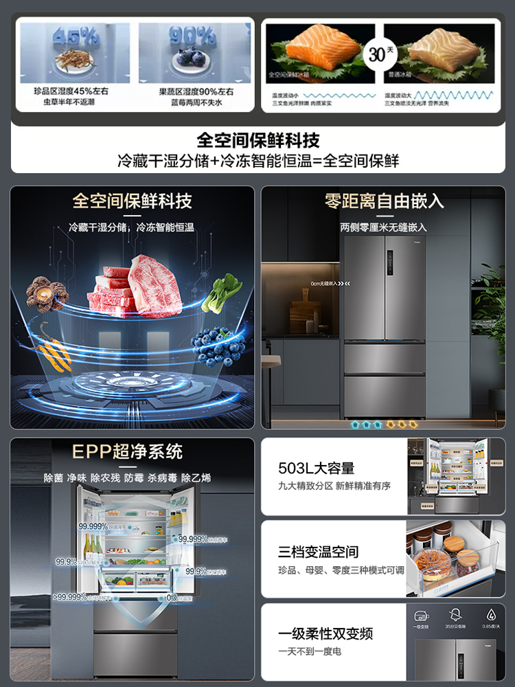 Haier 503L French-Style Multi-Door Side-By-Side Four-Door Refrigerator, First-Level Inverter, Household, Frost-Free, Ultra-Thin, Built-In