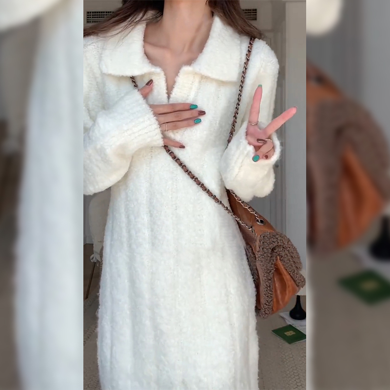 Polo Collar Sweater Dress 2026 New Spring Korean Style Atmospheric Outfit Long Dress White Knitted Dress for Women