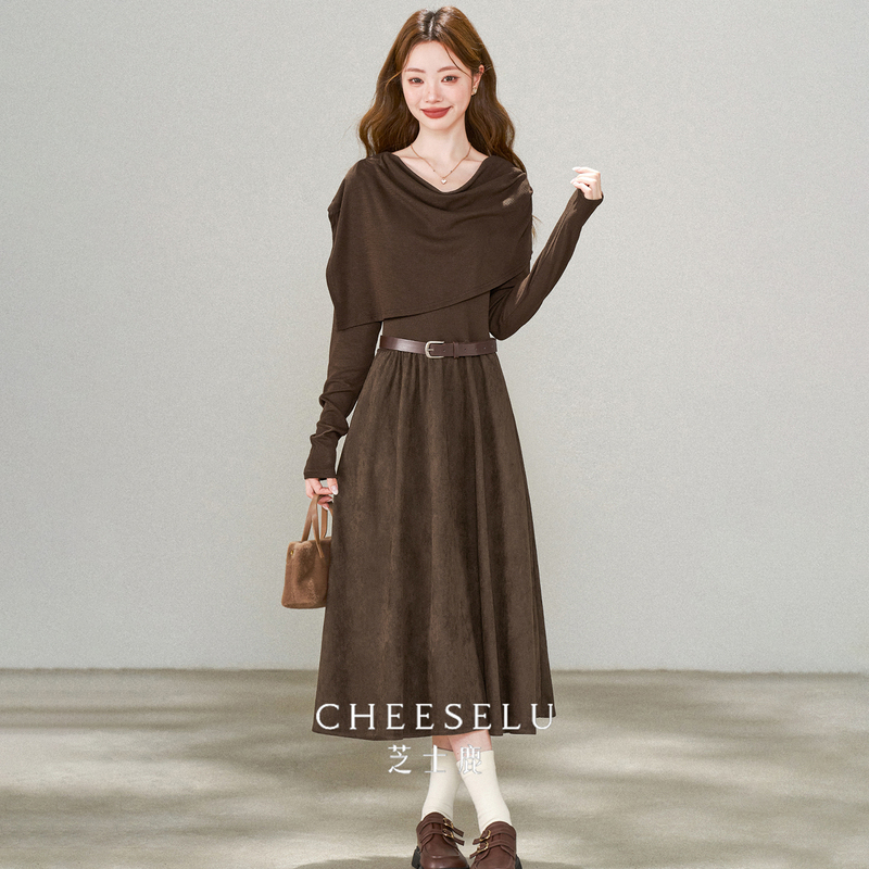 Cheese Deer French Retro Maillard Brown Dress for Women, New Autumn Style, Old Money Design, Slimming Long Dress