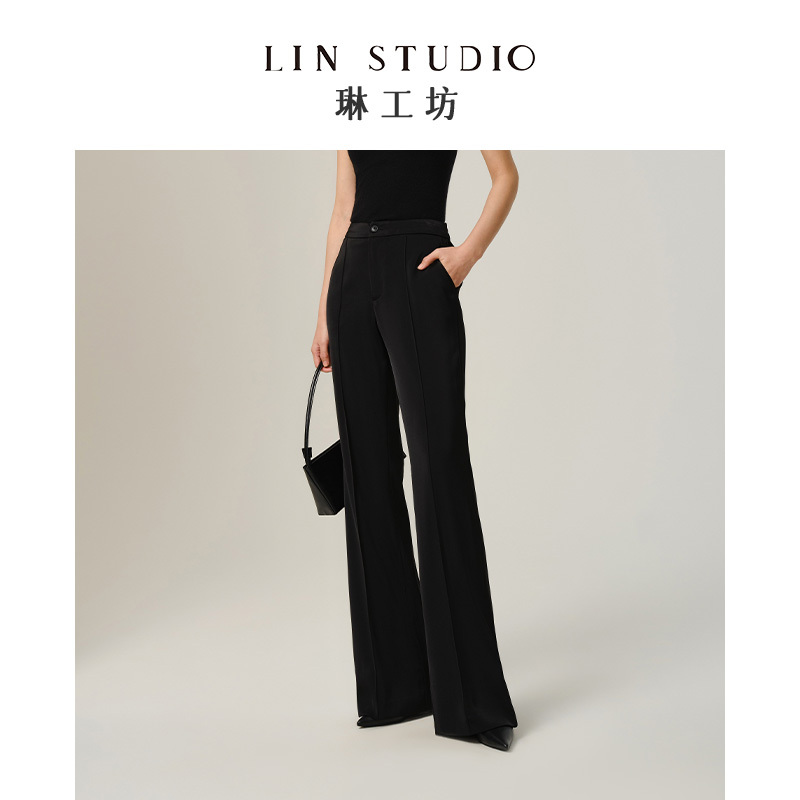 [Designer Tang Lin] Lin Workshop Drunken Jade Black Straight-Leg Trousers for Women, Business Workplace Commuting Suit Pants, Slimming Pants