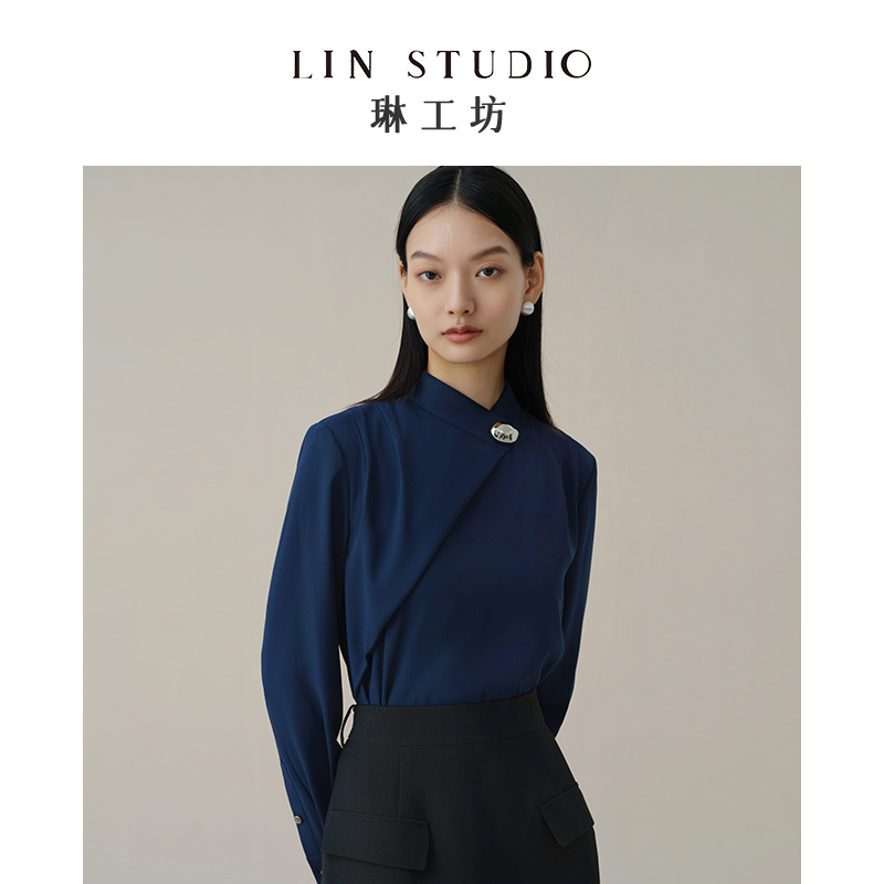[Designer Tang Lin] Lin Workshop's New Dark Blue Shirt for Women, Stylish and Suitable for Commuting and Workplace, Long-Sleeved Shirt