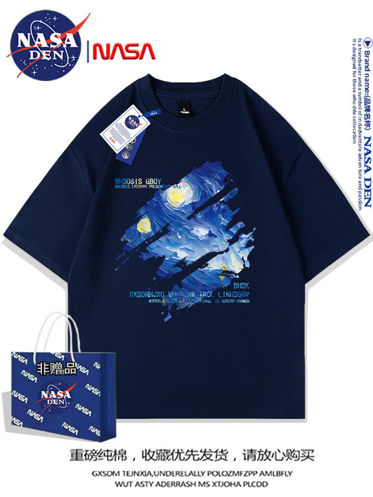 Nasa Co-Branded American-Style Pure Cotton Short-Sleeved T-Shirt for Men and Women, Summer Japanese Retro Casual Loose Fit ins Couple's Top