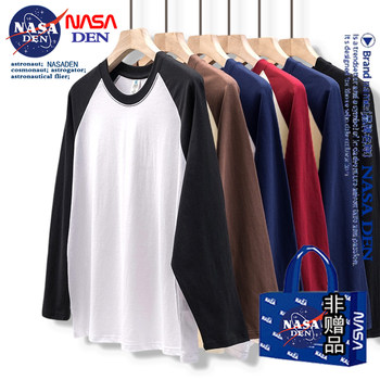 Nasa Collaboration Heavy-Duty Pure Cotton Raglan Long-Sleeve T-Shirt for Men and Women, Suitable as an Inner Layer or Base Shirt, Spring and Autumn Patchwork Design