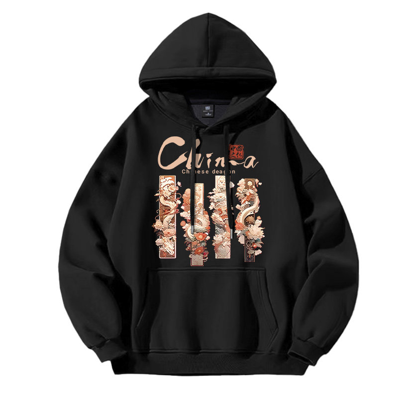 Fashionable, Simple, Casual, Heavyweight Long-Sleeve Sweatshirt for Men and Women, Chinese Style, Loose, Versatile, Hooded, Couple's Fleece Top