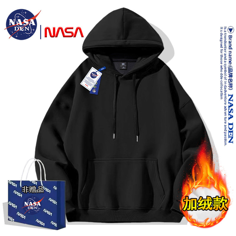 Осенне-зимний свитер с капюшоном и длинными рукавами NASA joint для мужчин и женщин плюс плотная бархатная повседневная свободная простая однотонная куртка
