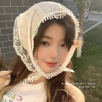 French retro lace flower headscarf for women sweet seaside triangle headscarf Korean style literary triangle headband trendy